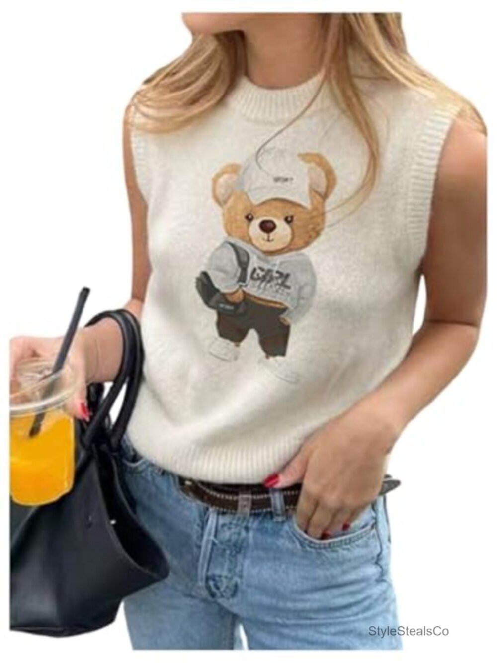 Cute Cartoon Bear Sleeveless Knit Vest Lightweight Summer Sweater Tops